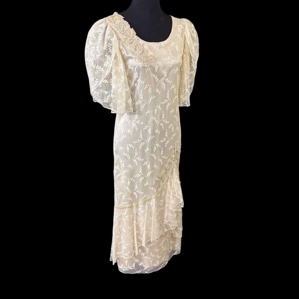 Lorrie Kabala Maxi Wedding Dress Ivory Tulle Pearls Lace Bridal Vintage 1980s